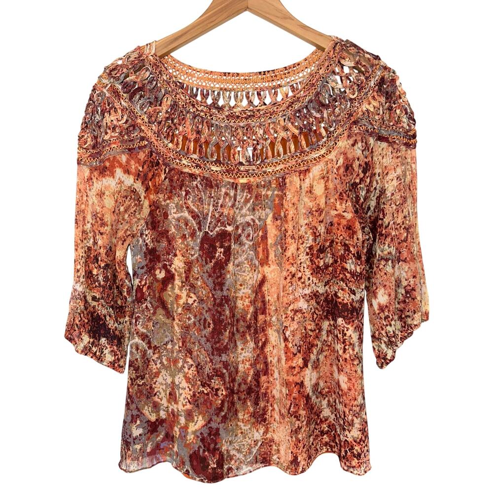 Sundance Boho Silk Earth Tone Half Sleeve Crochet Neck Blouse Size M